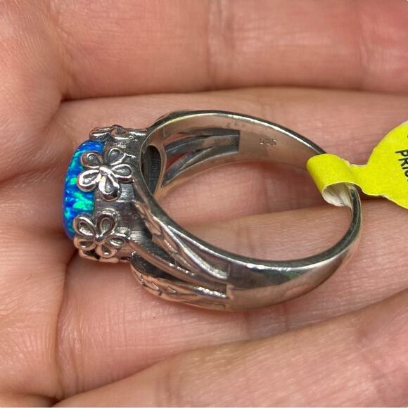 Blue Fire Opal Ring Size 9 Solid 925 Sterling Silver Daisy Flower Floral Boho - Picture 9 of 10